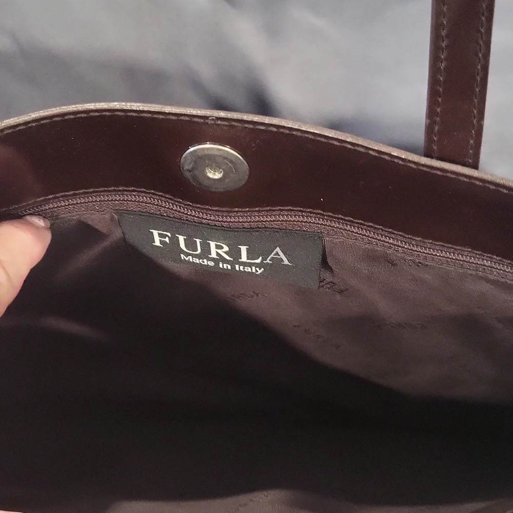 Furla Patent Leather Shiny Elegant Brown Leather Tote Bag Dust Cover Vintage